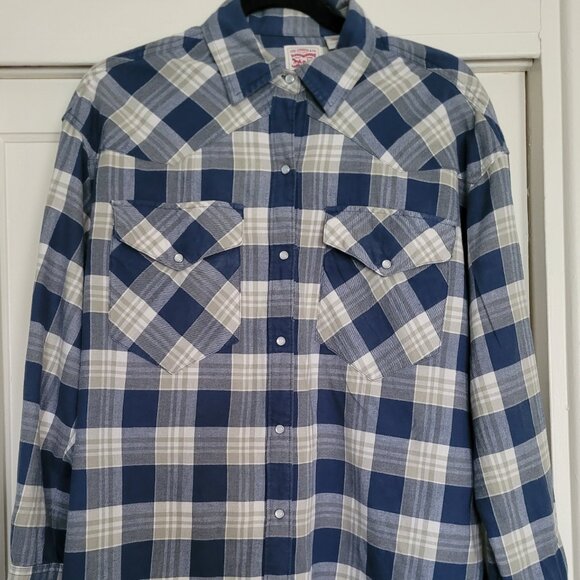 Levis Long-Sleeve Blue-Tan Small Flannel Shirt - Picture 1 of 8